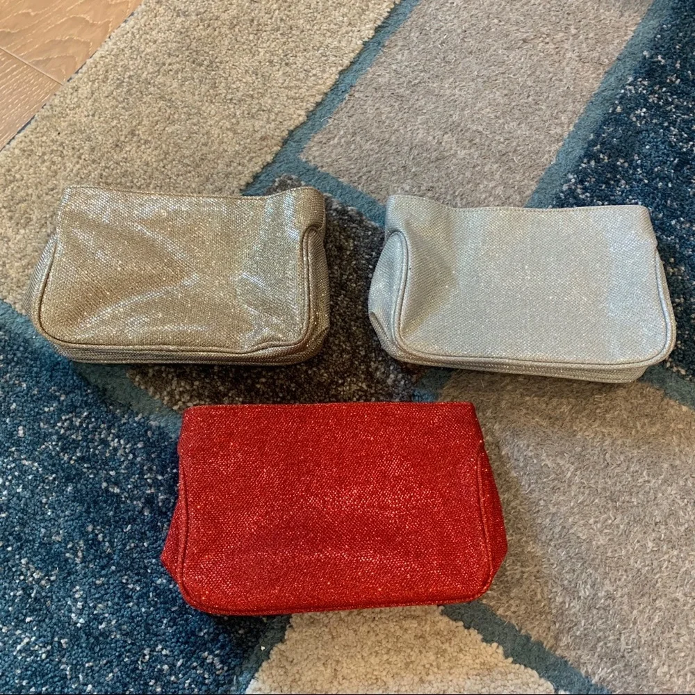 Lot of 3 Ulta Glitter Makeup Bags Red Silver Gold